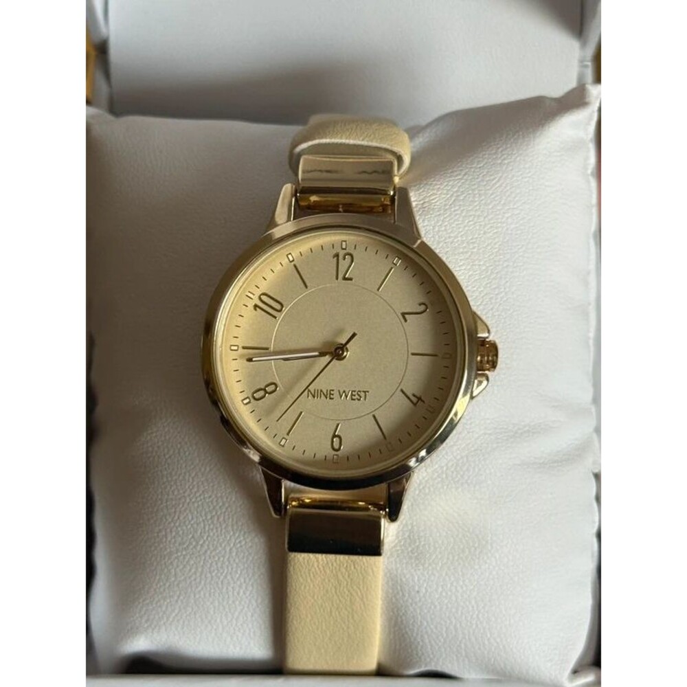 Nine West Gold-Tone & Cream Strap Dress Watch